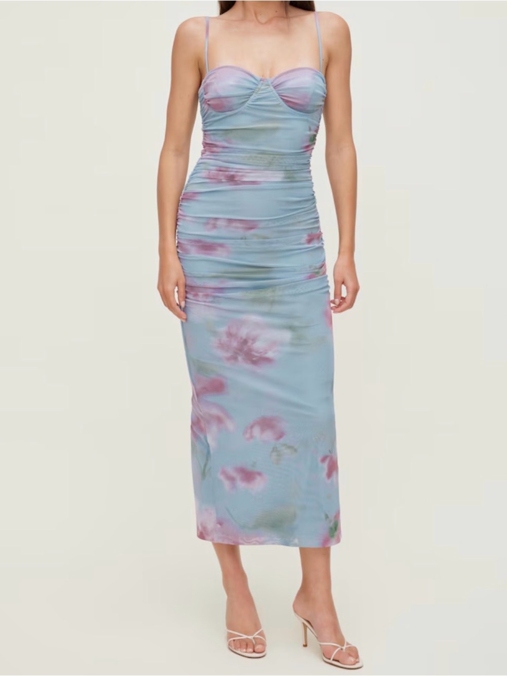 Dynamite Pastel Blue Floral Ruched Midi Dress